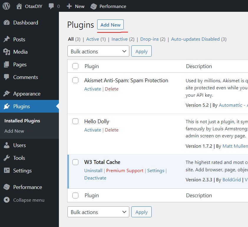 A screenshot of the Plugins -&gt; Installed Plugins page on the WordPress Admin Dashboard highlighting the &#39;Add New&#39;-button