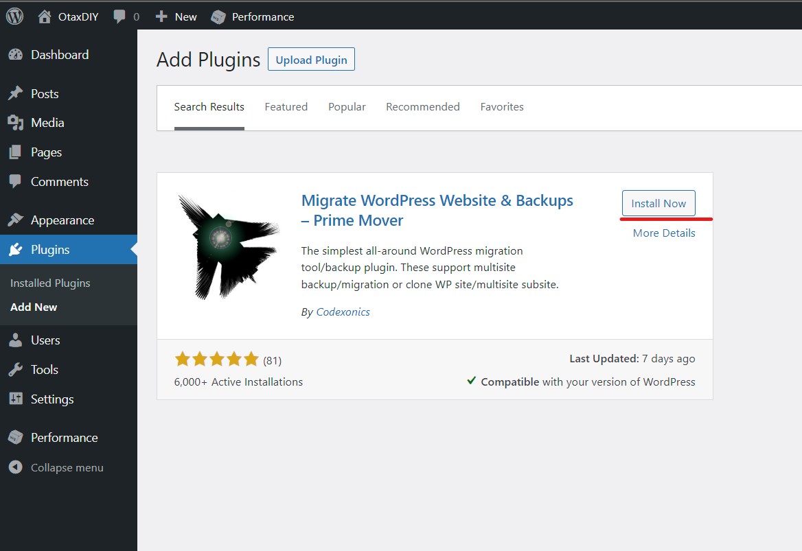 A screenshot of the Plugins -&gt; Add New page on the WordPress Admin Dashboard highlighting the &#39;Install Now&#39;-button on the Prime Mover-plugin