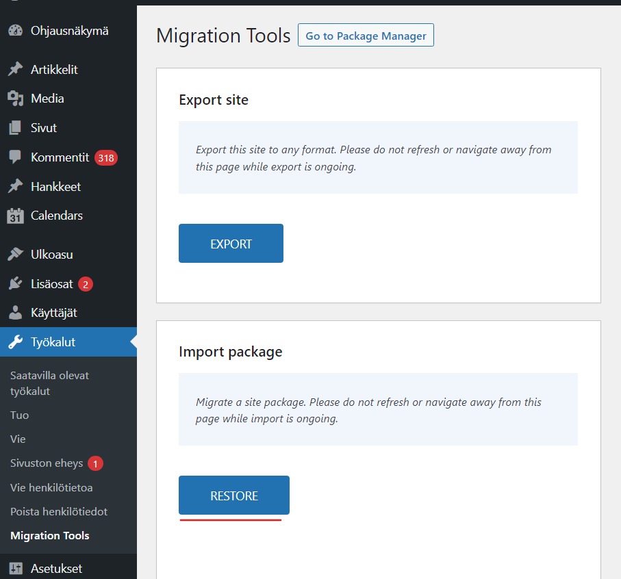 A screenshot of the Tools -&gt; Migration Tools page on the WordPress Admin Dashboard highlighting the &quot;Restore&quot;-button