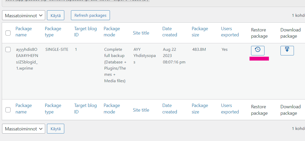 A screenshot of the Prime Mover Packages page on the WordPress Admin Dashboard highlighting the &quot;Restore&quot;-button of the package